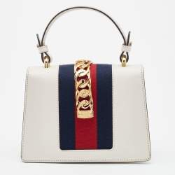 Pre Owned Gucci White Leather Mini Web Sylvie Top Handle Bag