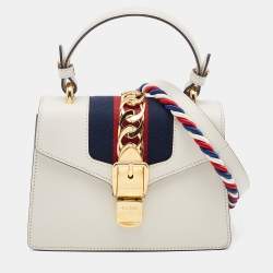 Pre Owned Gucci White Leather Mini Web Sylvie Top Handle Bag