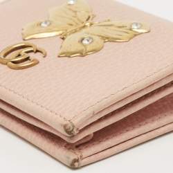 Gucci Light Pink Leather Butterfly Embellished Flap Card Case 