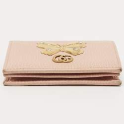 Gucci Light Pink Leather Butterfly Embellished Flap Card Case 