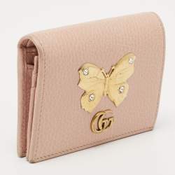 Gucci Light Pink Leather Butterfly Embellished Flap Card Case 