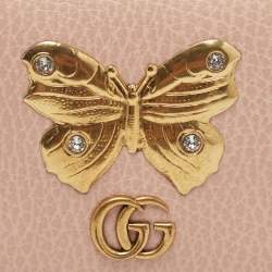 Gucci Light Pink Leather Butterfly Embellished Flap Card Case 