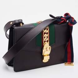 Pre Owned Gucci Black Leather Small Web Sylvie Flap Shoulder Bag