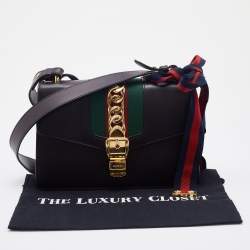 Pre Owned Gucci Black Leather Small Web Sylvie Flap Shoulder Bag