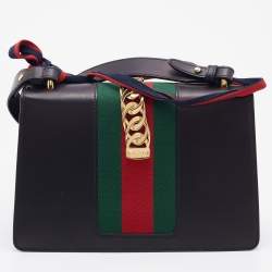 Pre Owned Gucci Black Leather Small Web Sylvie Flap Shoulder Bag