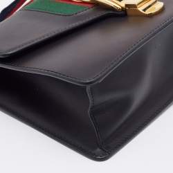 Pre Owned Gucci Black Leather Small Web Sylvie Flap Shoulder Bag