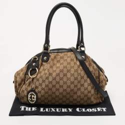 Pre Owned Gucci Beige/Black GG Canvas and Leather Medium Sukey Hobo