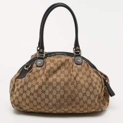 Pre Owned Gucci Beige/Black GG Canvas and Leather Medium Sukey Hobo