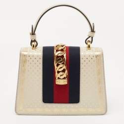 Pre Owned Gucci Off White Star Print Leather Mini Sylvie Top Handle Bag
