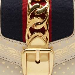 Pre Owned Gucci Off White Star Print Leather Mini Sylvie Top Handle Bag