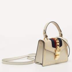 Pre Owned Gucci Off White Star Print Leather Mini Sylvie Top Handle Bag