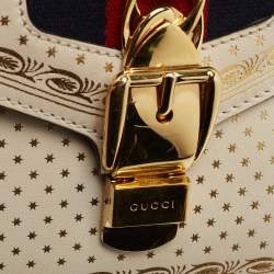 Pre Owned Gucci Off White Star Print Leather Mini Sylvie Top Handle Bag
