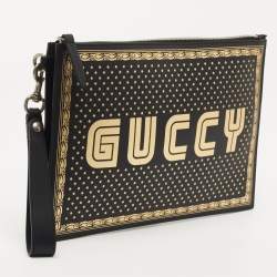 Pre Owned Gucci Black/Gold Leather Guccy Zip Wristlet Pouch