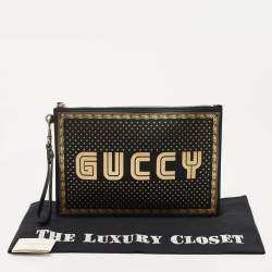Pre Owned Gucci Black/Gold Leather Guccy Zip Wristlet Pouch