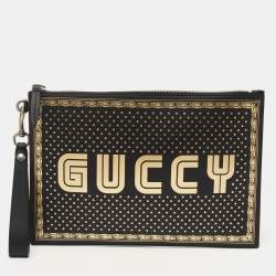 Pre Owned Gucci Black/Gold Leather Guccy Zip Wristlet Pouch
