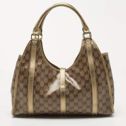 Pre Owned Gucci Gold/Beige GG Crystal Canvas and Leather Medium Joy Shoulder Bag