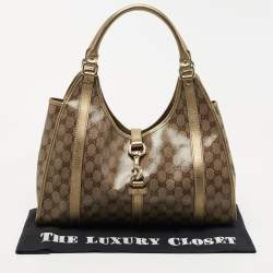 Pre Owned Gucci Gold/Beige GG Crystal Canvas and Leather Medium Joy Shoulder Bag