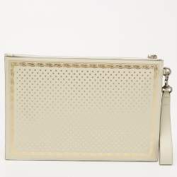 Gucci Off White/Gold Leather Guccy Zip Wristlet Pouch