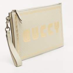 Gucci Off White/Gold Leather Guccy Zip Wristlet Pouch