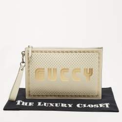 Gucci Off White/Gold Leather Guccy Zip Wristlet Pouch