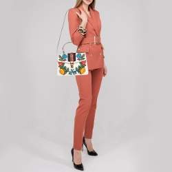 Pre Owned Gucci White Leather Floral Embroidered Medium Sylvie Top Handle Bag