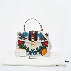 Pre Owned Gucci White Leather Floral Embroidered Medium Sylvie Top Handle Bag