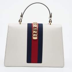 Pre Owned Gucci White Leather Floral Embroidered Medium Sylvie Top Handle Bag