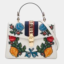 Pre Owned Gucci White Leather Floral Embroidered Medium Sylvie Top Handle Bag
