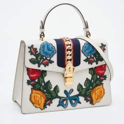 Pre Owned Gucci White Leather Floral Embroidered Medium Sylvie Top Handle Bag