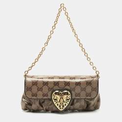 Pre Owned Gucci Beige GG Crystal Canvas Babouska Heart Chain Clutch