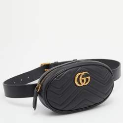 Pre Owned Gucci Black Matelassé Leather GG Marmont Belt Bag