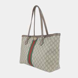 Pre Owned Gucci Beige Coated Canvas Leather Medium GG Ophidia Tote Bag 
