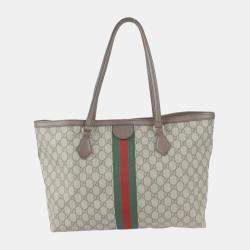 Pre Owned Gucci Beige Coated Canvas Leather Medium GG Ophidia Tote Bag 
