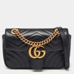 Pre Owned Gucci Black Matelassé Leather Mini GG Marmont Shoulder Bag