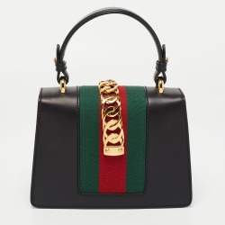 Pre Owned Gucci Black Leather Mini Web Chain Sylvie Top Handle Bag