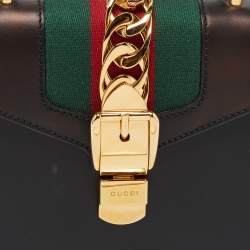 Pre Owned Gucci Black Leather Mini Web Chain Sylvie Top Handle Bag