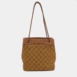 Pre Owned Gucci Beige GG Canvas and Leather Braided Handle Tote