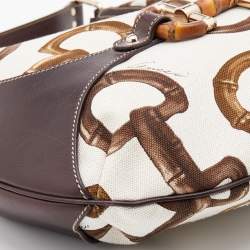 Pre Owned Gucci Brown/Off White Bamboo Horsebit Print Canvas Amalfi Hobo