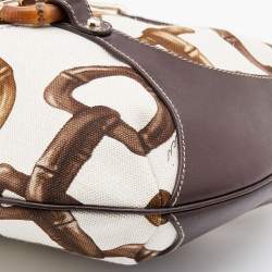 Pre Owned Gucci Brown/Off White Bamboo Horsebit Print Canvas Amalfi Hobo