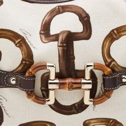 Pre Owned Gucci Brown/Off White Bamboo Horsebit Print Canvas Amalfi Hobo