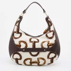 Pre Owned Gucci Brown/Off White Bamboo Horsebit Print Canvas Amalfi Hobo