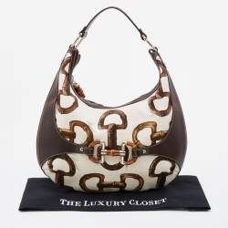 Pre Owned Gucci Brown/Off White Bamboo Horsebit Print Canvas Amalfi Hobo