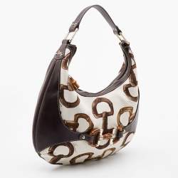 Pre Owned Gucci Brown/Off White Bamboo Horsebit Print Canvas Amalfi Hobo