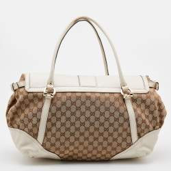 Pre Owned Gucci Beige/White GG Canvas and Leather Travel Satchel