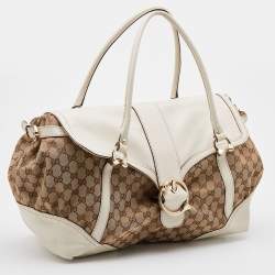 Pre Owned Gucci Beige/White GG Canvas and Leather Travel Satchel