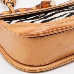 Pre Owned Gucci Brown Zebra Print Calf Hair and Leather Bamboo Top Handle Bag