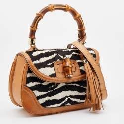 Pre Owned Gucci Brown Zebra Print Calf Hair and Leather Bamboo Top Handle Bag