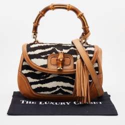 Pre Owned Gucci Brown Zebra Print Calf Hair and Leather Bamboo Top Handle Bag