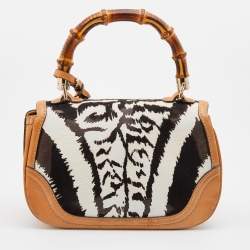 Pre Owned Gucci Brown Zebra Print Calf Hair and Leather Bamboo Top Handle Bag