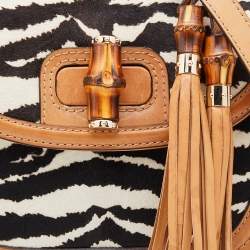 Pre Owned Gucci Brown Zebra Print Calf Hair and Leather Bamboo Top Handle Bag